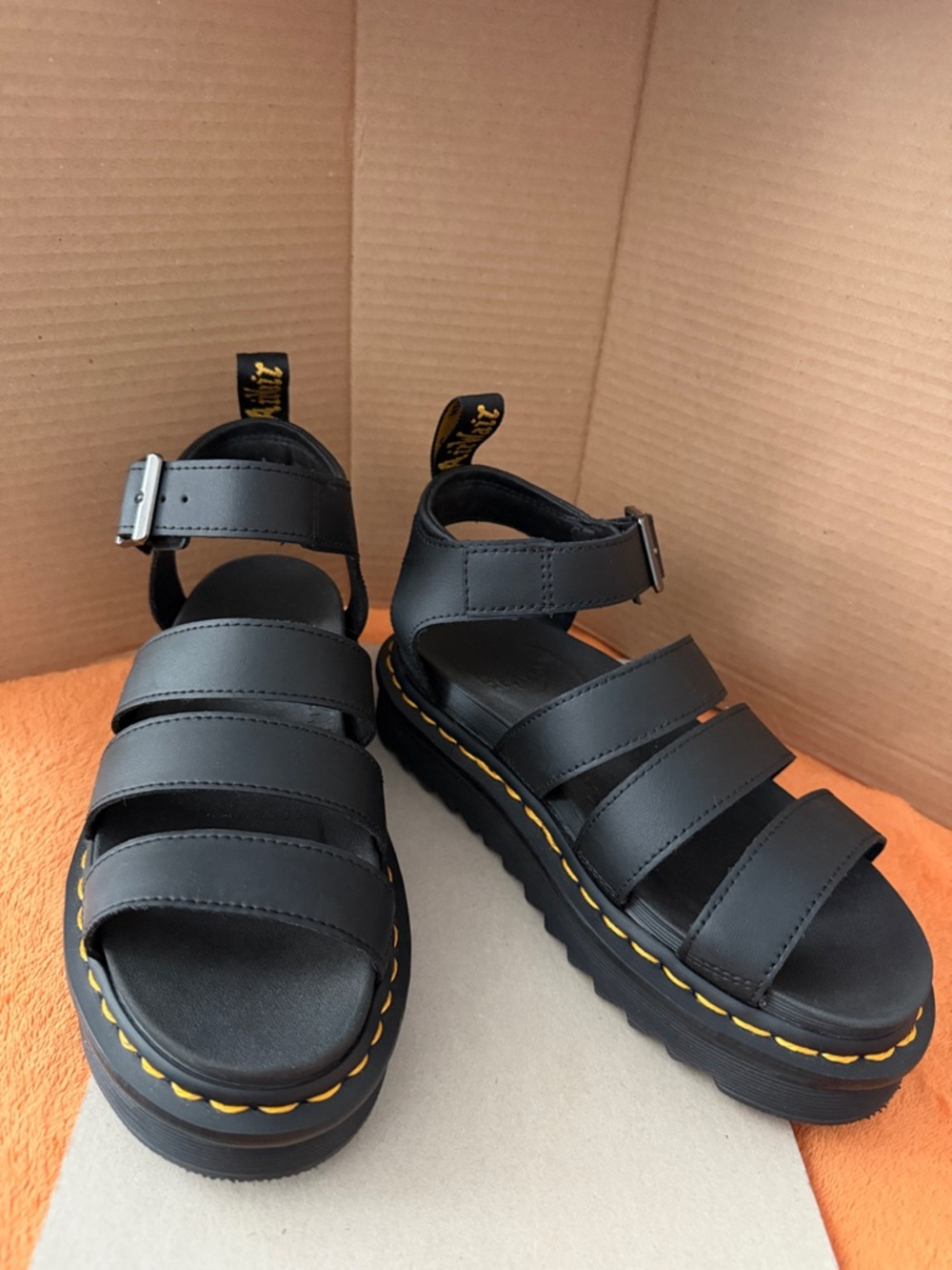 Dr. Martens Black Leather Platform Strap Sandals with Yellow Stitching